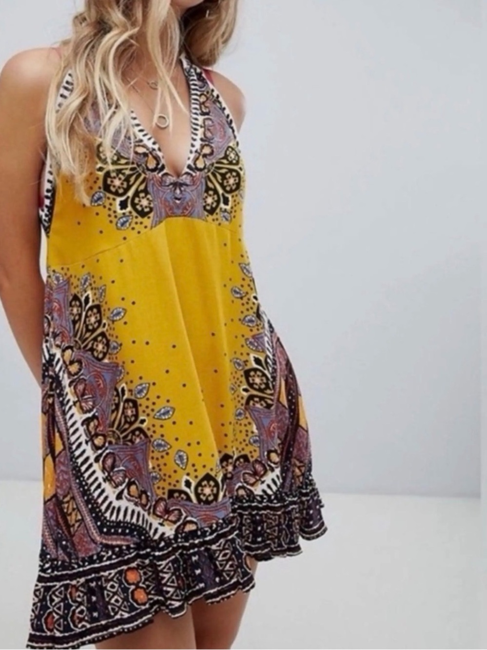 Free People Boho Festival Swing Dress Mustard Yellow Small